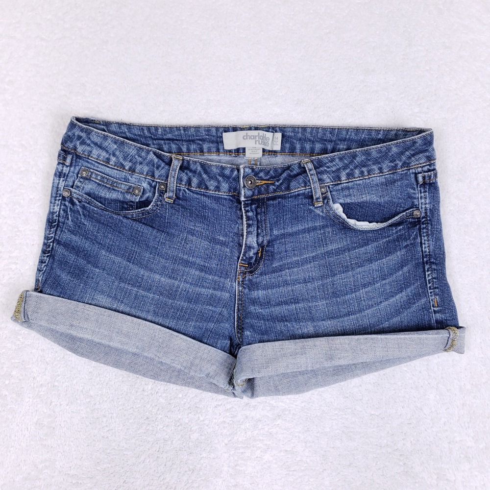 Charlotte Russe Cuffed Denim Shorts Women 14 Mid Rise Blue Stretch Summer Casual